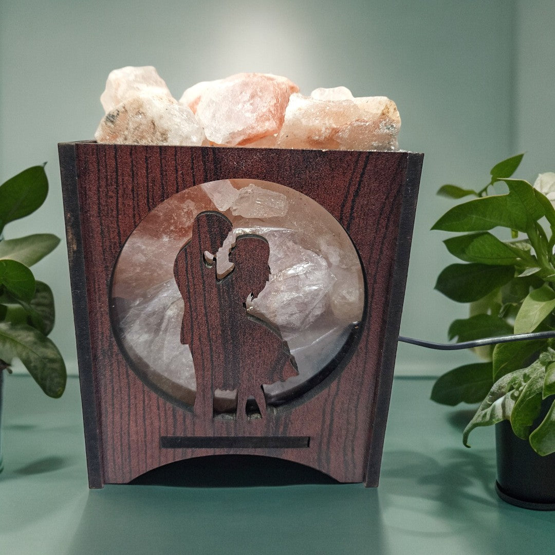 Couple-Fairy Wooden Box Lamp with Chunks of Himalayan Rock Salt (5 Inch)