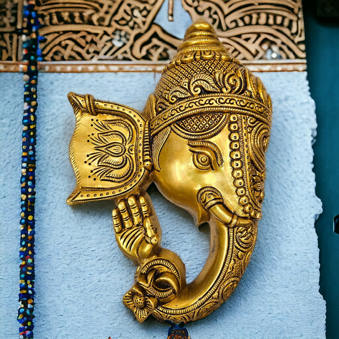 Brass Lord Ganesha Mask Wall Hanging for Decoration (11 Inch)(Golden)