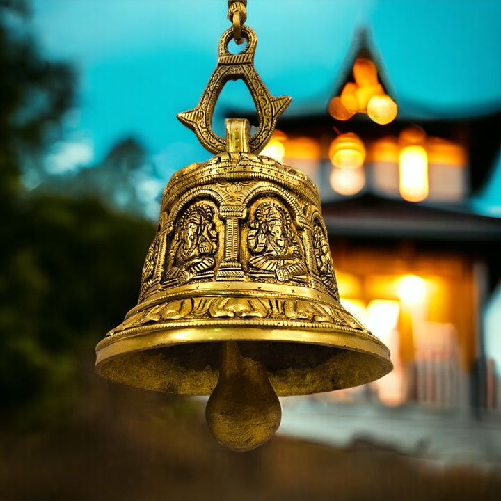 Brass Ganesha Temple Hanging Bell/Ghanti (8 Inch) (Golden)