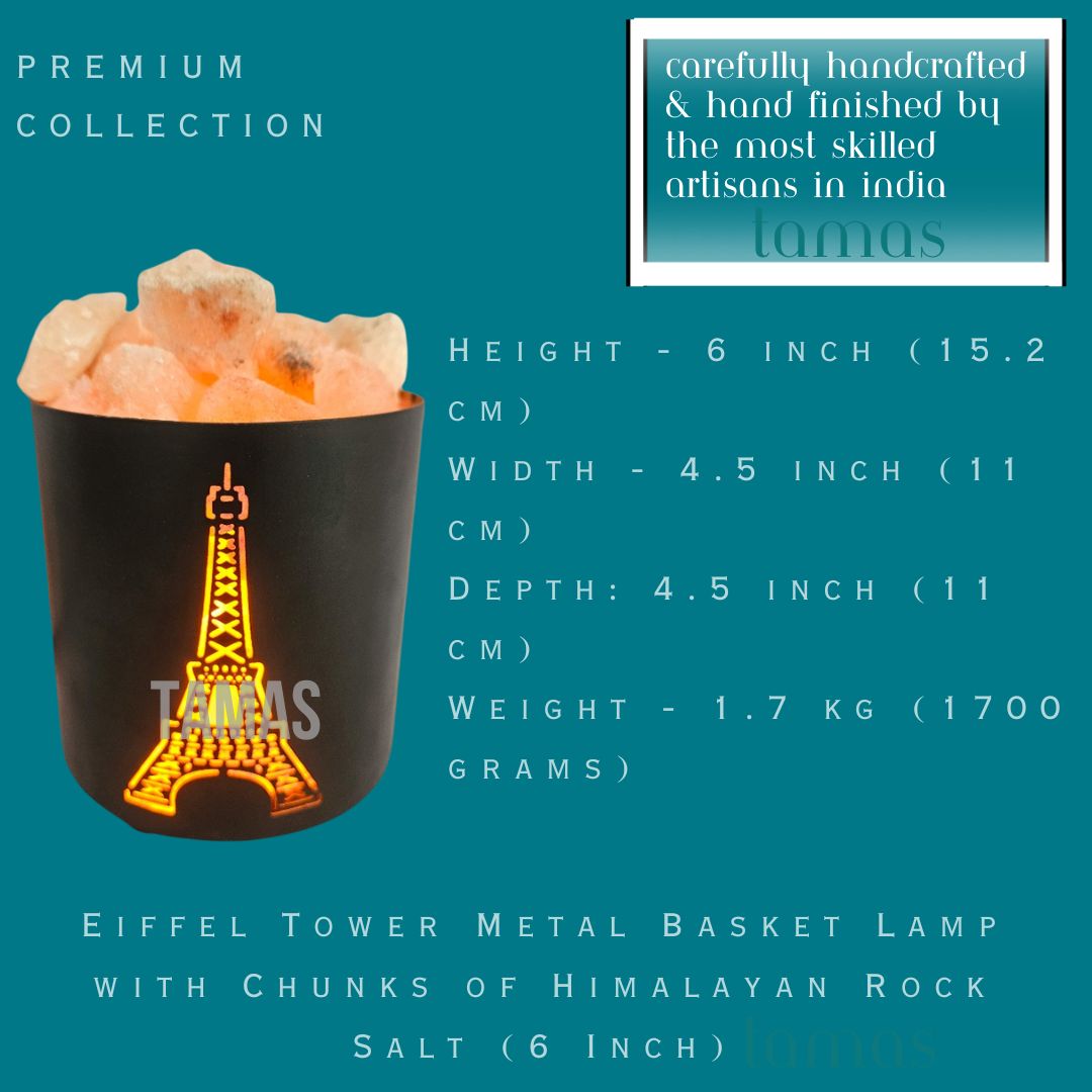 Eiffel Tower Metal Basket Lamp with Chunks of Himalayan Rock Salt (6 Inch)