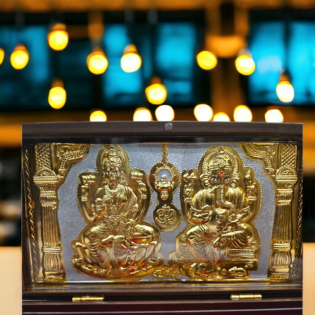 Gold Foil Jai Shree Laxmi Ganesha Charan Paduka Gift/Puja Box(5.5 Inch)(Golden)