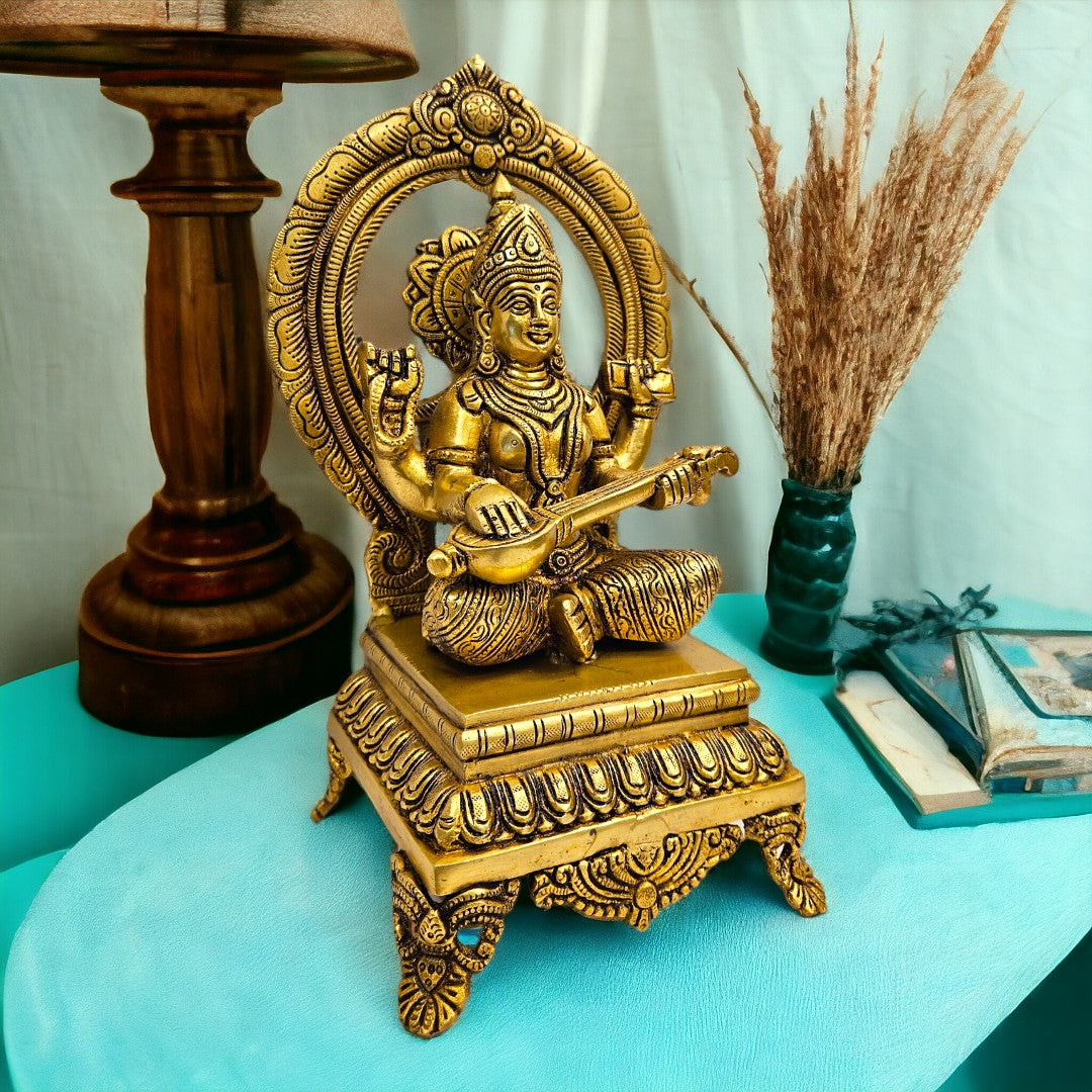 Brass Divinity of Knowledge - Saraswati Statue/Idol (11 Inch) (Golden)