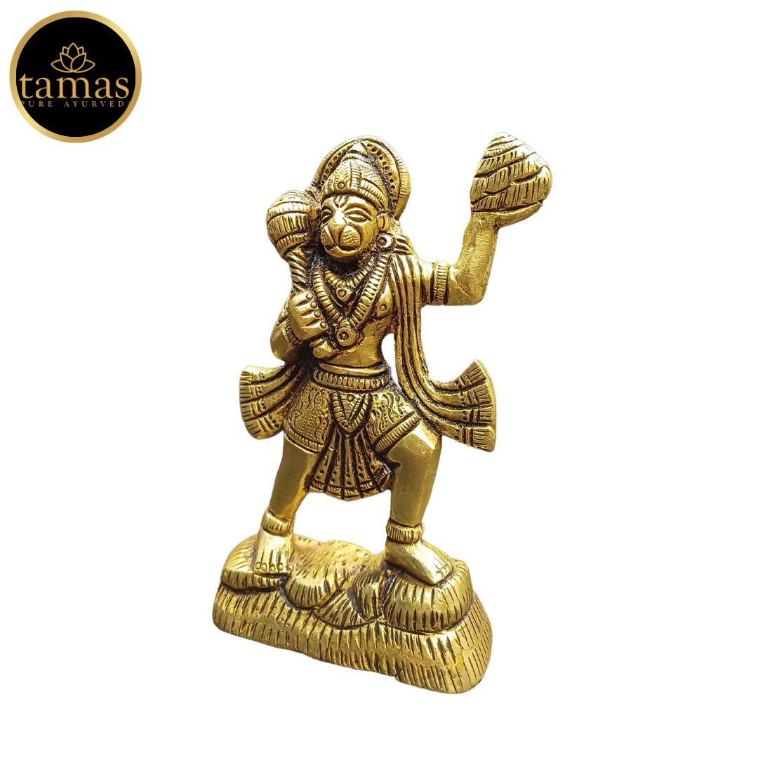 Tamas Brass Lord Hanuman with Sanjivani Mountain Statue/Idol (Golden) (4.2Inches)