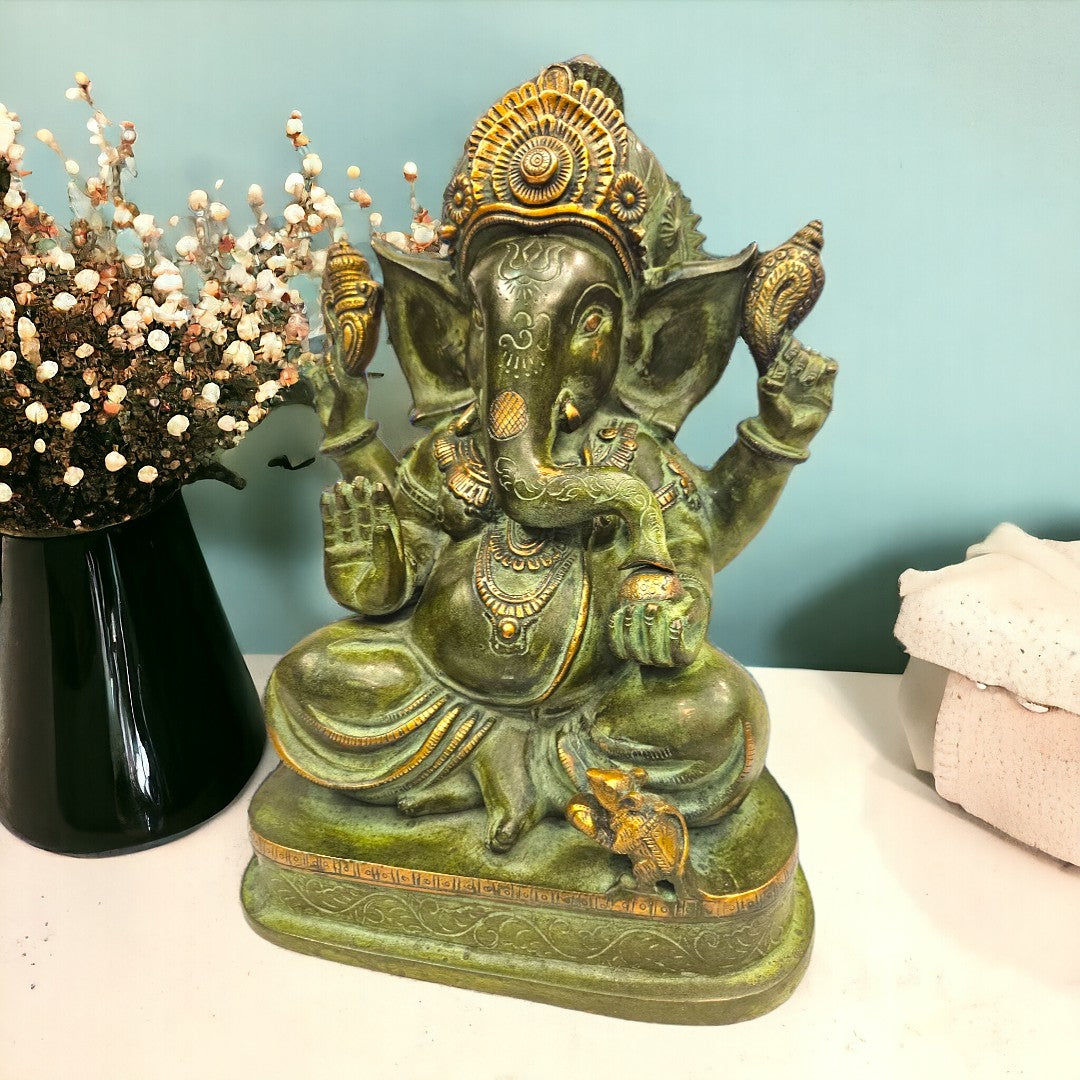 Brass Lord Ganesha Enjoying Modak - Statue/Idol (16 Inch)(Green)