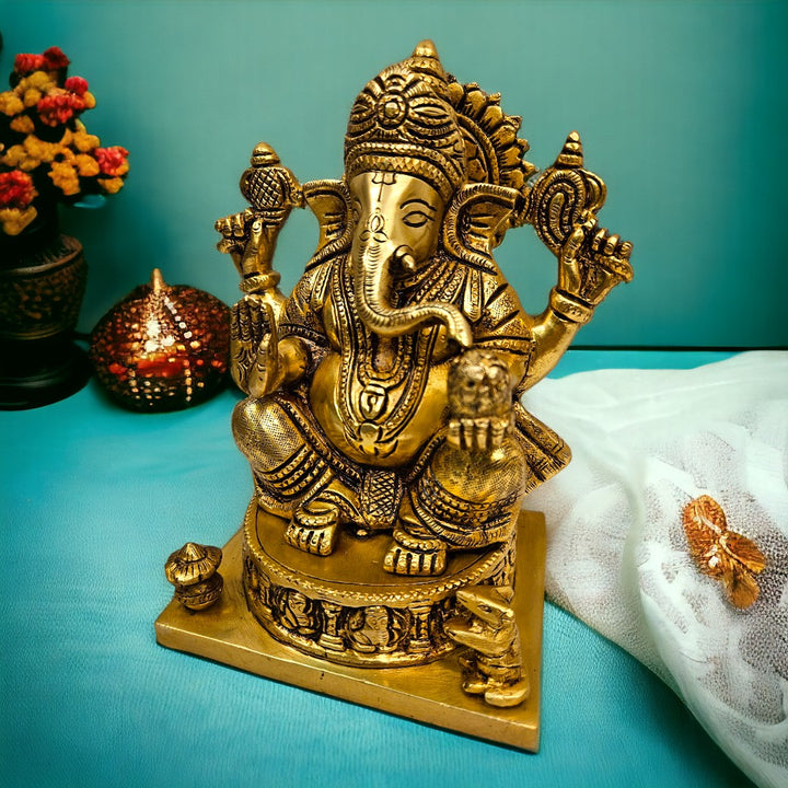 Brass Lord Mangalkari Ganesh Statue/Idol (7.2 Inch) (Golden)