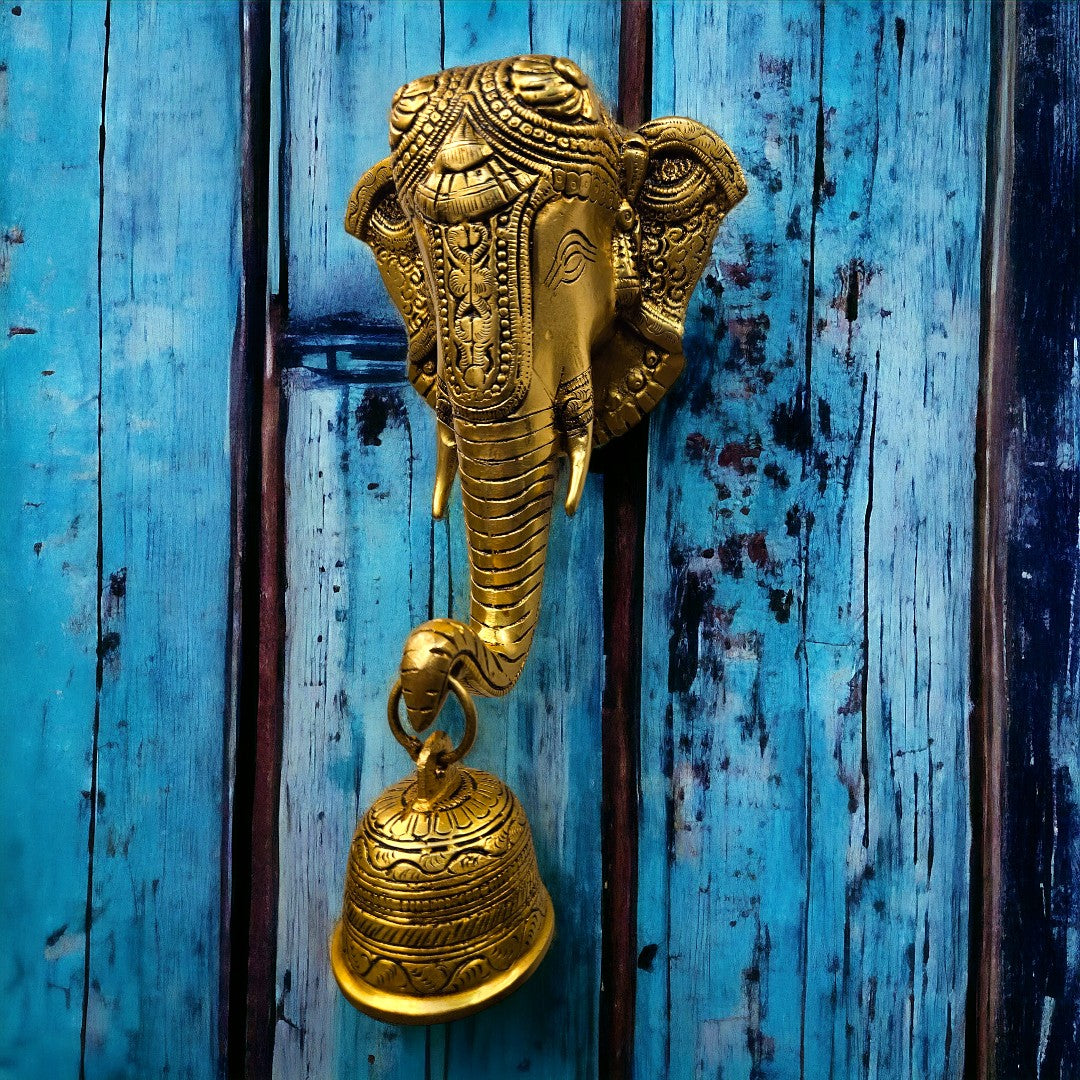 Brass Lord Ganesh/Ganesha Mask with Bell Wall Hanging (10 Inch) (Golden)