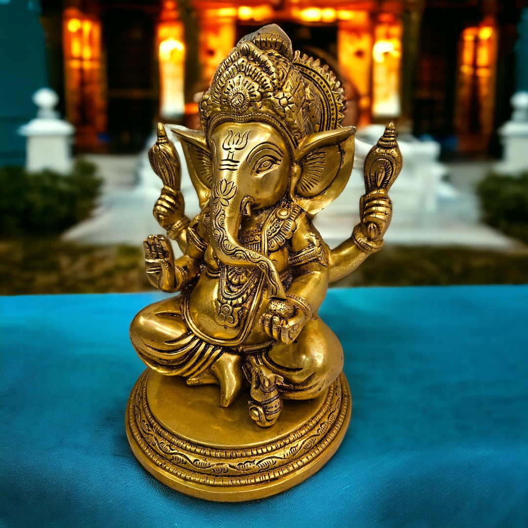 Brass Ganesha Statue/Idol(10 Inch)(Golden)