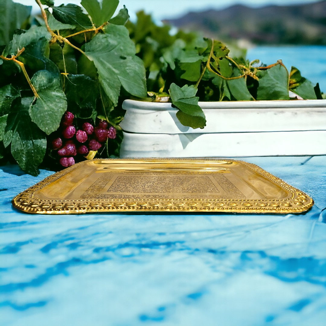 Brass Handicrafts Rectangular Tray Home Dining Table Decorative Tray Home Temple Pooja Tray (0.8 Inch) (Golden)