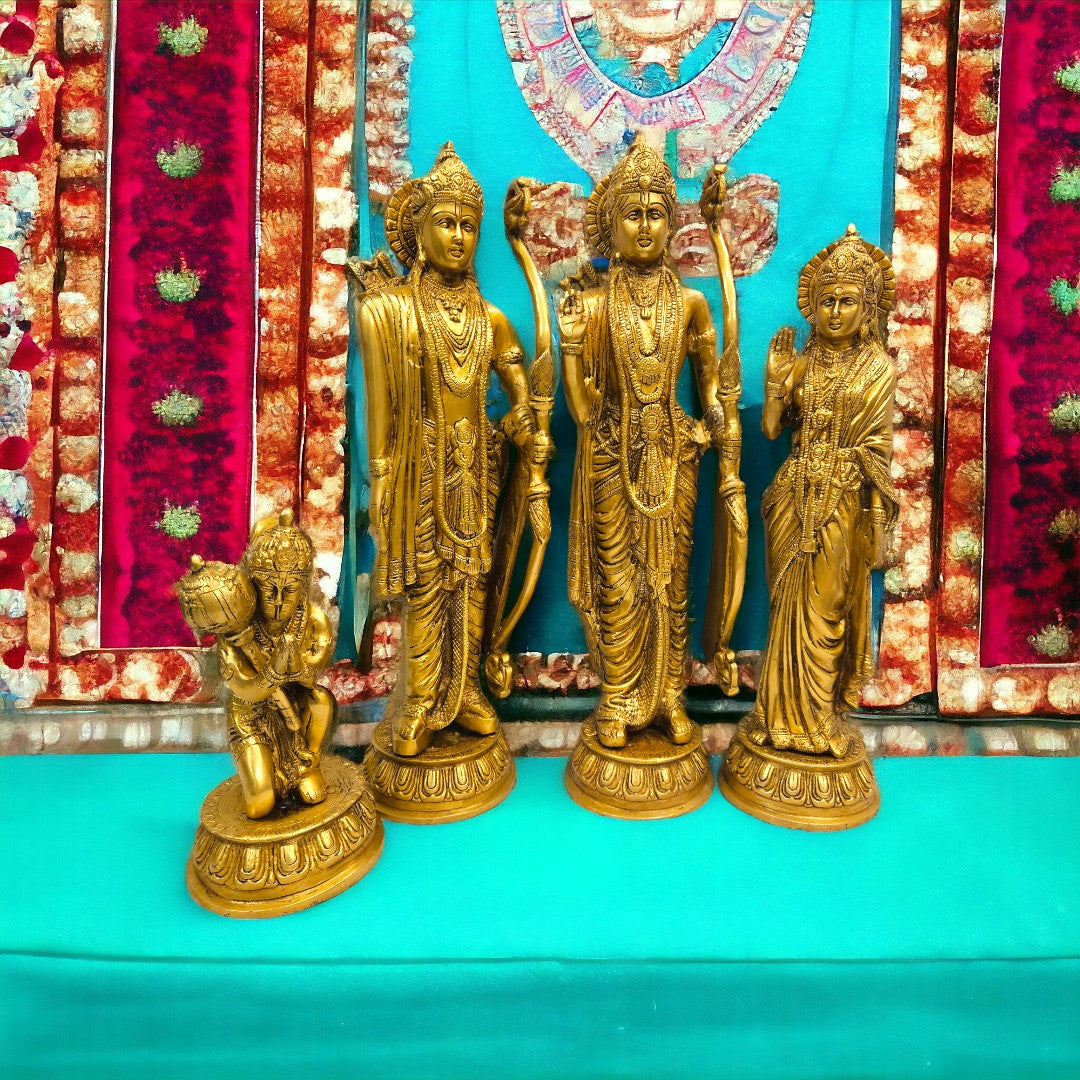 Brass Antique Ram Darbar Lord Rama, Lord Hanuman, Lord Lakshman, Sita Mata, Statue/Idol (17 Inch) (Golden)