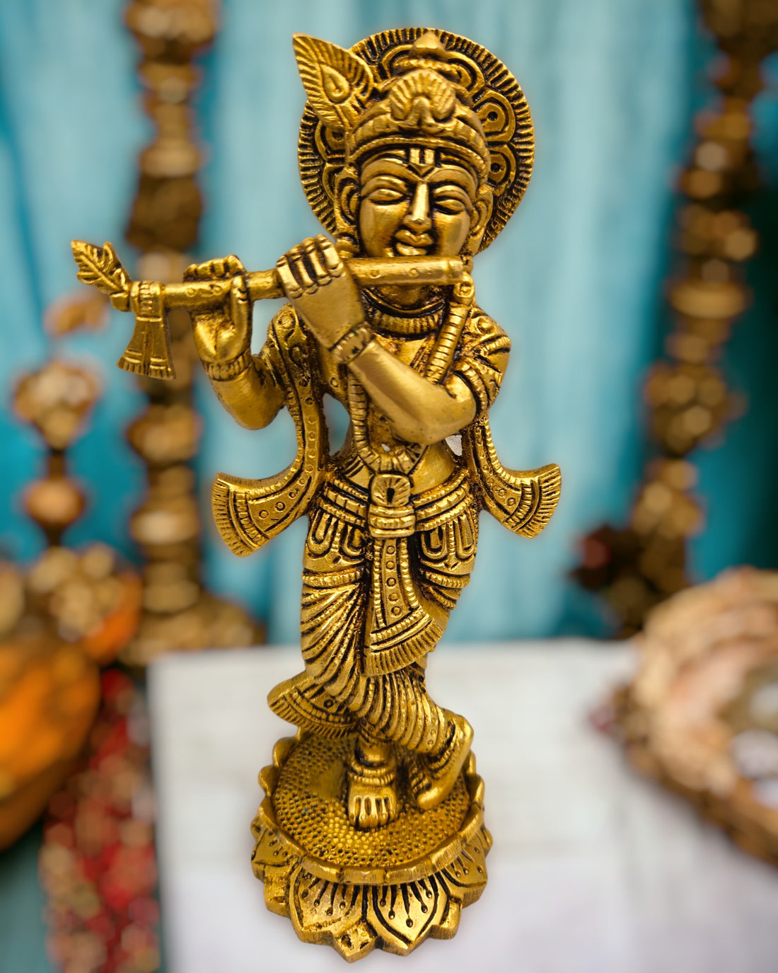 Brass Lord Krishna Idol on Kamal Statue/Idol (7 Inch) (Golden)