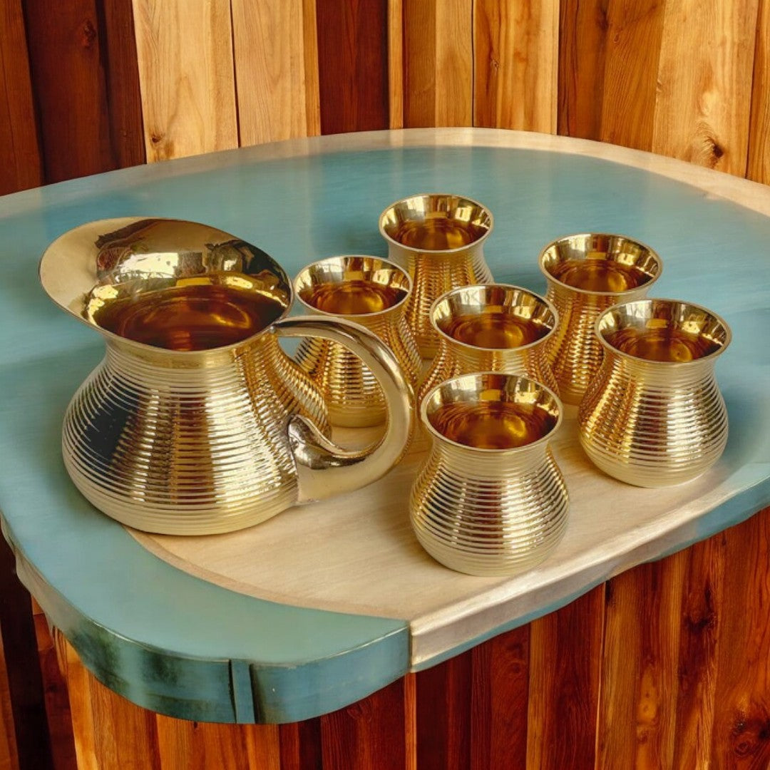 Brass Matki Shape Jug and 4 Glasses Set (Golden)