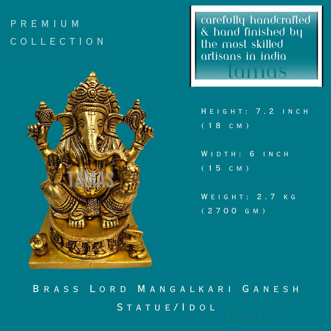 Brass Lord Mangalkari Ganesh Statue/Idol (7.2 Inch) (Golden)