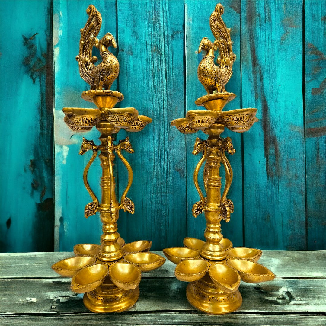 Tamas Brass Peacock Auspicious Puja Lamp/Diya/Deepak/Deepam (20.5 Inch) (Golden)