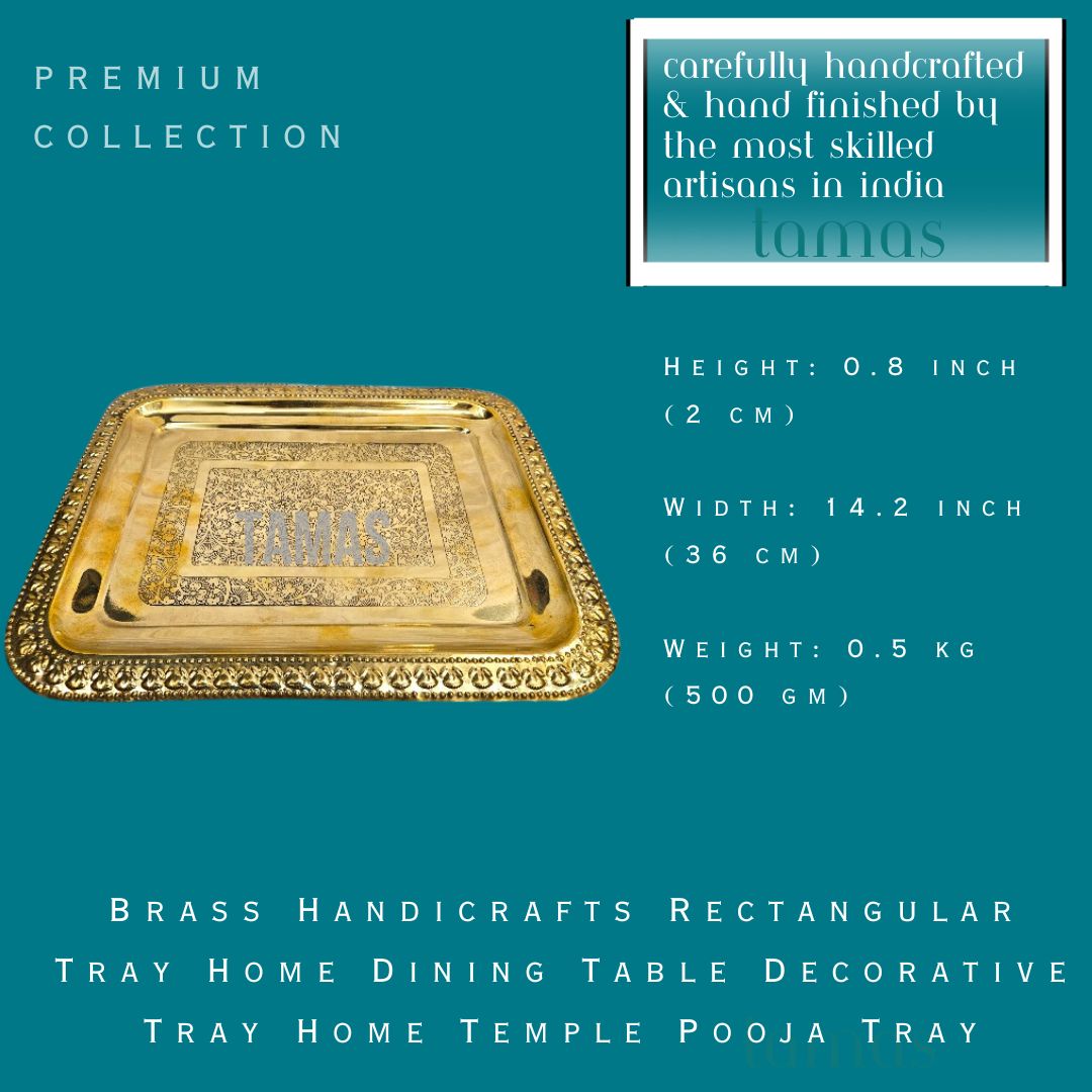 Brass Handicrafts Rectangular Tray Home Dining Table Decorative Tray Home Temple Pooja Tray (0.8 Inch) (Golden)