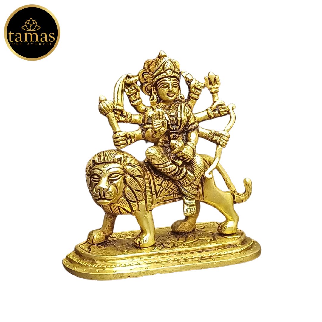 Tamas Brass Durga Mata with Lion Statue/Idol (Golden) (4.5 Inches)