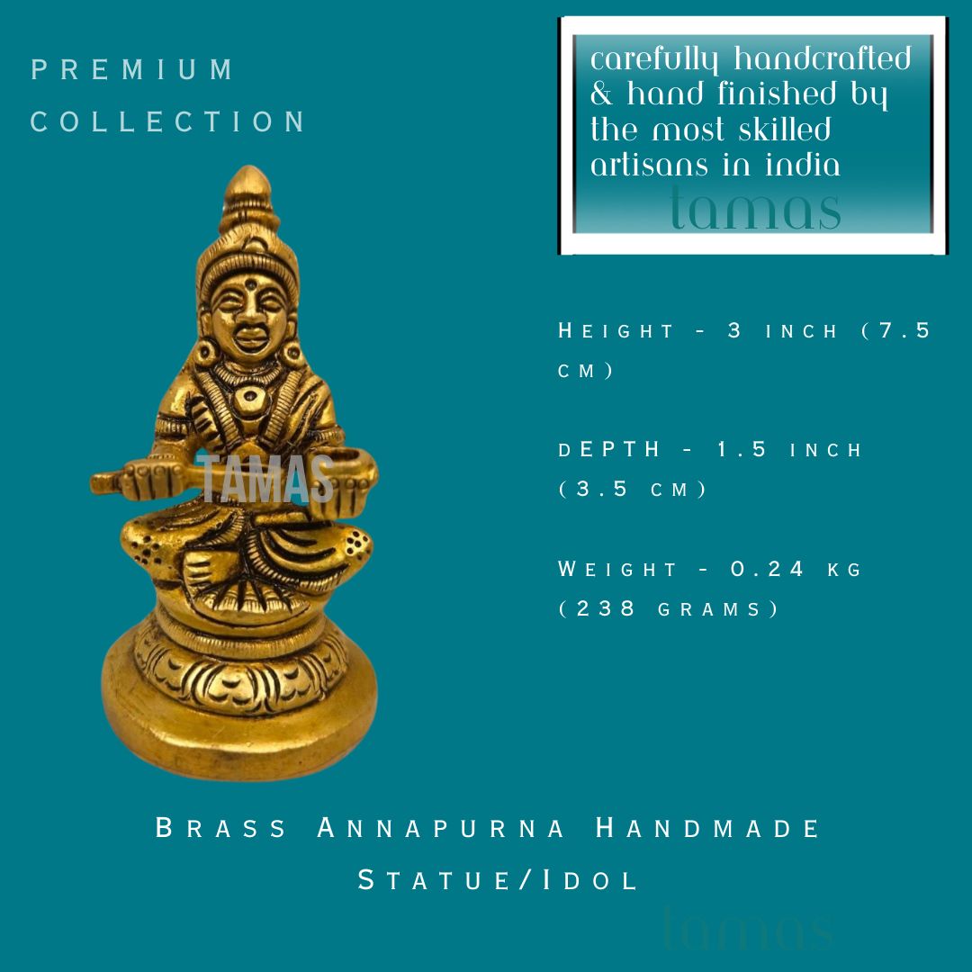 Brass Annapurna Handmade Statue/Idol(3 Inch)(Golden)