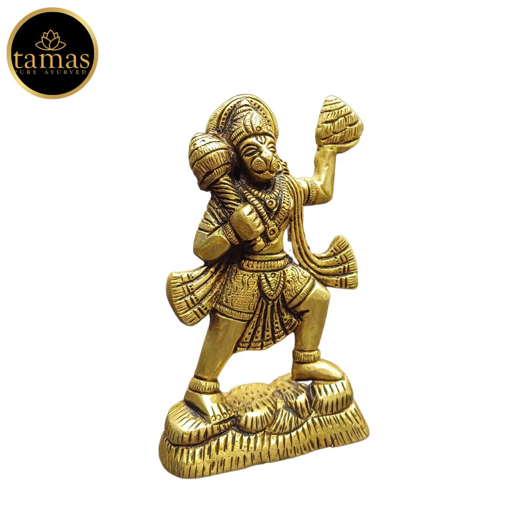 Tamas Brass Lord Hanuman with Sanjivani Mountain Statue/Idol (Golden) (4.2Inches)