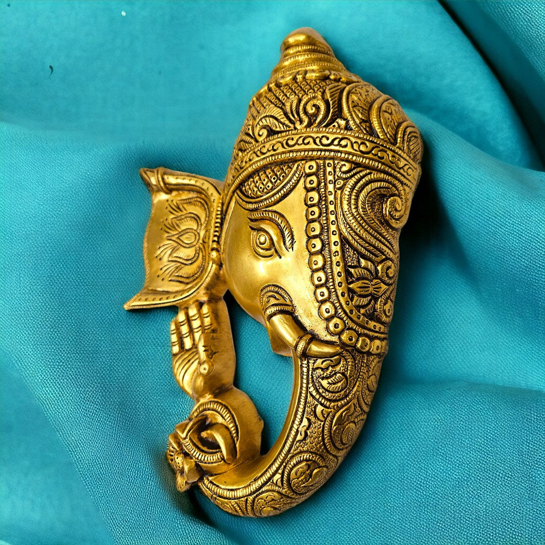 Brass Lord Ganesha Mask Wall Hanging for Decoration (11 Inch)(Golden)