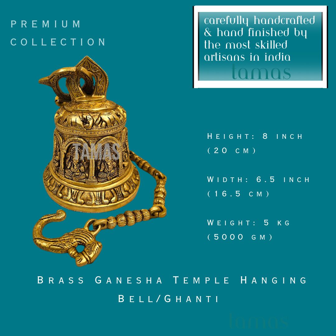 Brass Ganesha Temple Hanging Bell/Ghanti (8 Inch) (Golden)