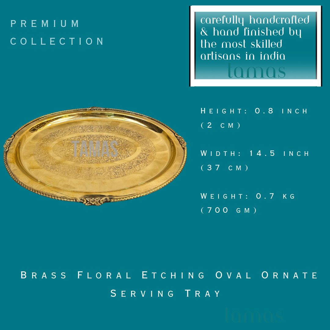 Brass Floral Etching Oval Ornate Serving Tray (0.8 Inch) (Golden)