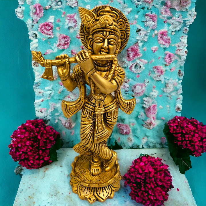 Brass Lord Krishna Idol on Kamal Statue/Idol (7 Inch) (Golden)