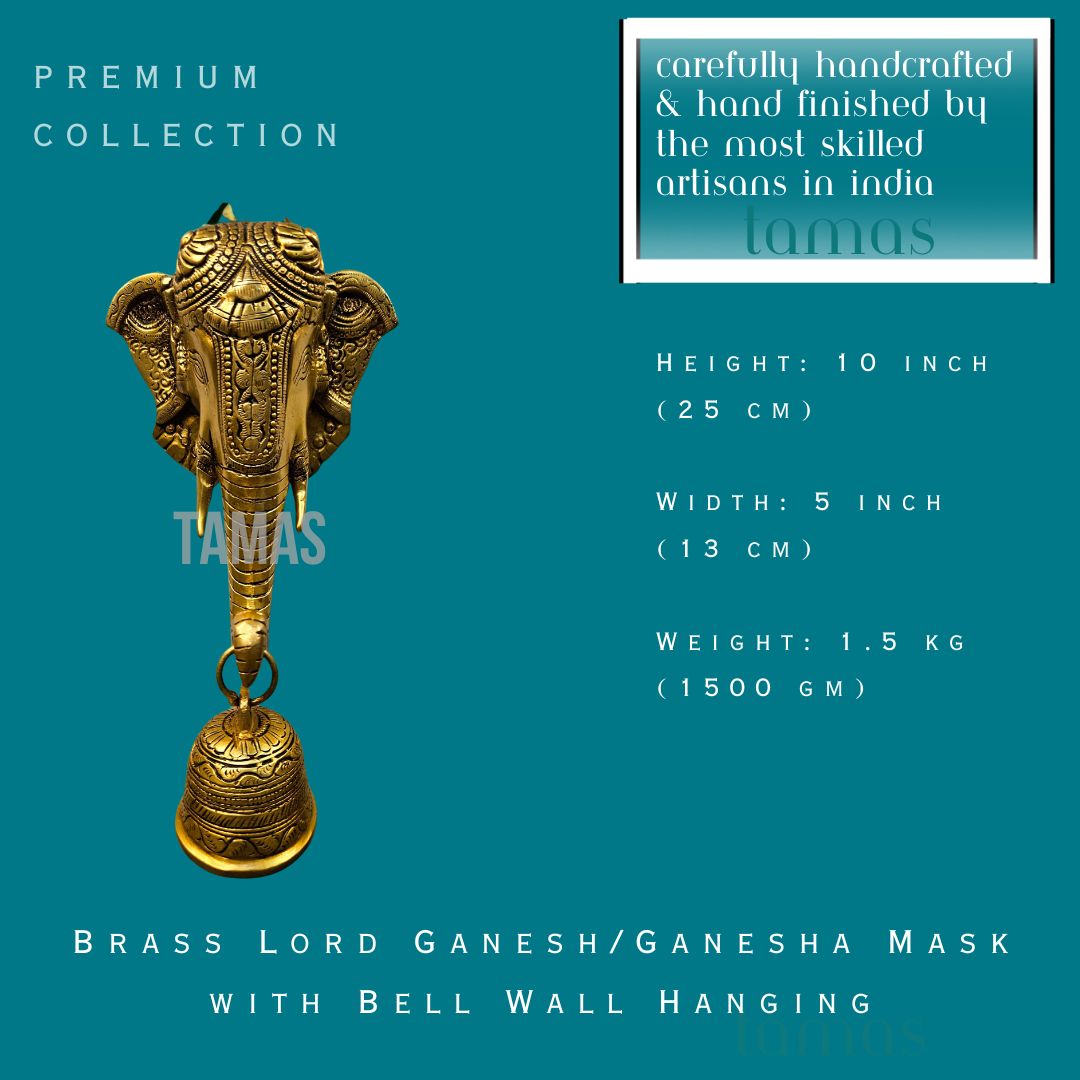 Brass Lord Ganesh/Ganesha Mask with Bell Wall Hanging (10 Inch) (Golden)