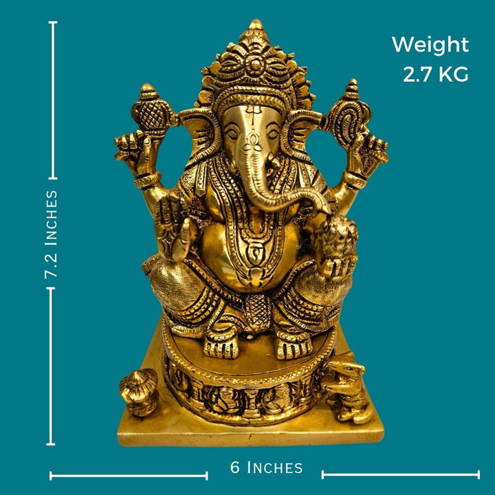 Brass Lord Mangalkari Ganesh Statue/Idol (7.2 Inch) (Golden)