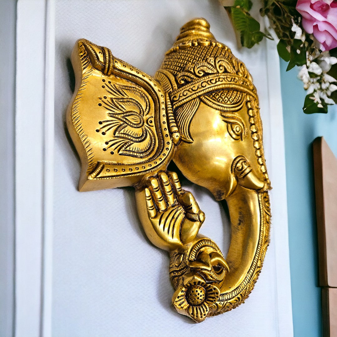 Brass Lord Ganesha Mask Wall Hanging for Decoration (11 Inch)(Golden)