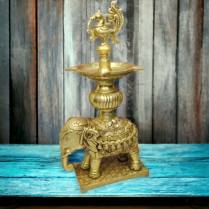Tamas Brass Handcrafted Golden Decorative Elephant Brass Diya Stand  with Antique Finish (3 x 5 x12 Inches, Golden) (Pack of 1)