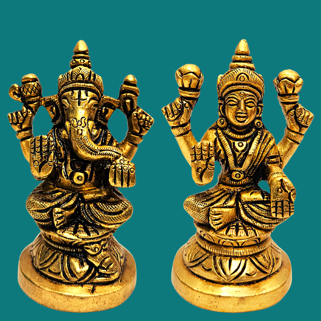 Brass Lord Ganesh Lakshmi Statue (Golden) 3 Inch | Free Premium Gift Box