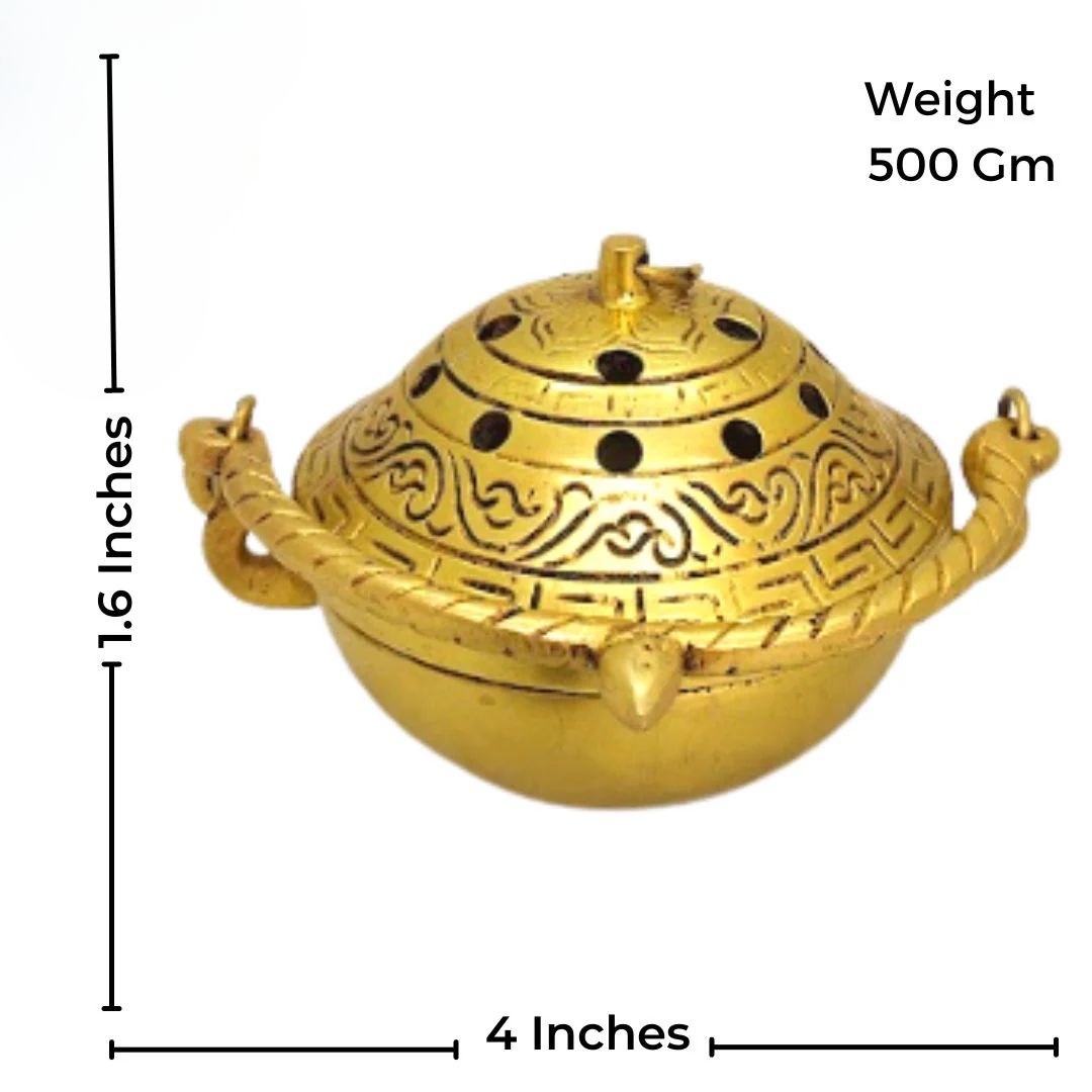 Tamas Brass Small Dhoop Burner with Handle and Lid  (Golden) Height 2.5 inches | Free Luxury Gift Box