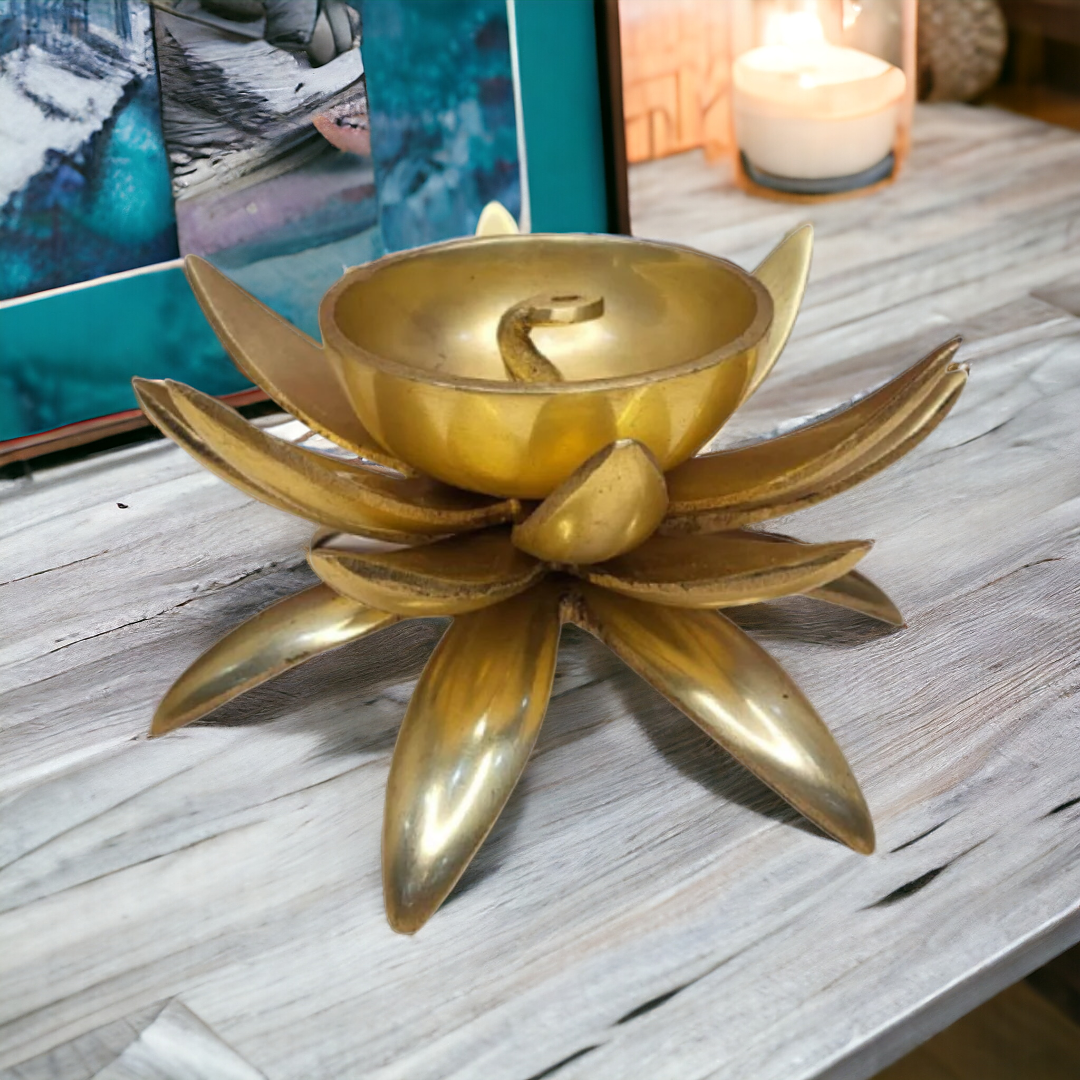 Tamas Brass Handcrafted Lotus Shaped Diya with Antique Finish (5.5 x 5.5 x 3 Inches, Golden) (Pack of 1)