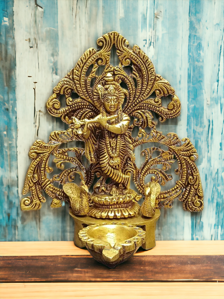 Tamas Brass Krishna Oil Lamp Diya Deepam (Golden) (7 Inches)