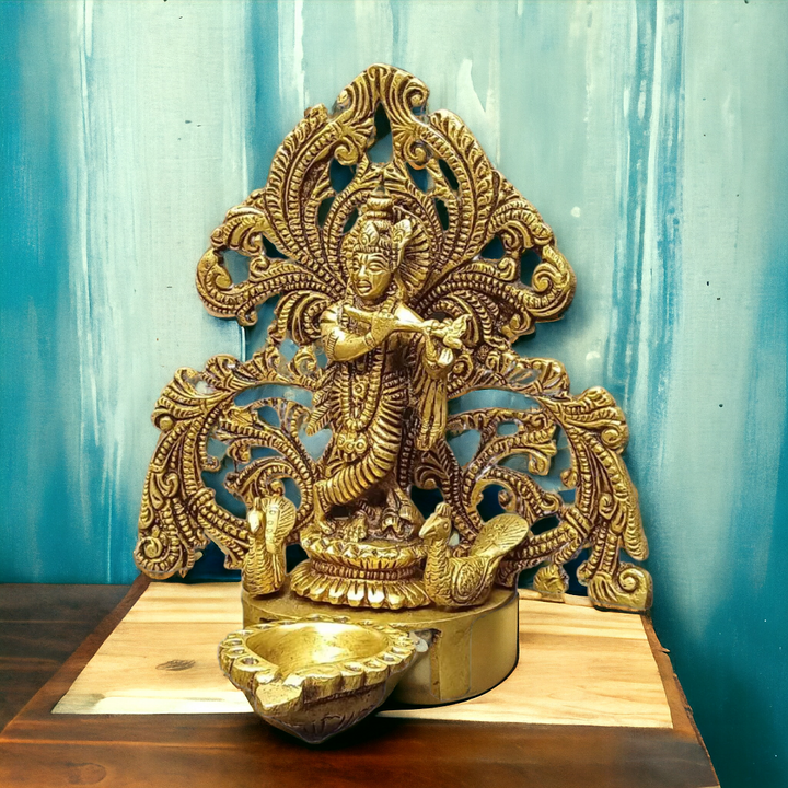 Tamas Brass Krishna Oil Lamp Diya Deepam (Golden) (7 Inches)