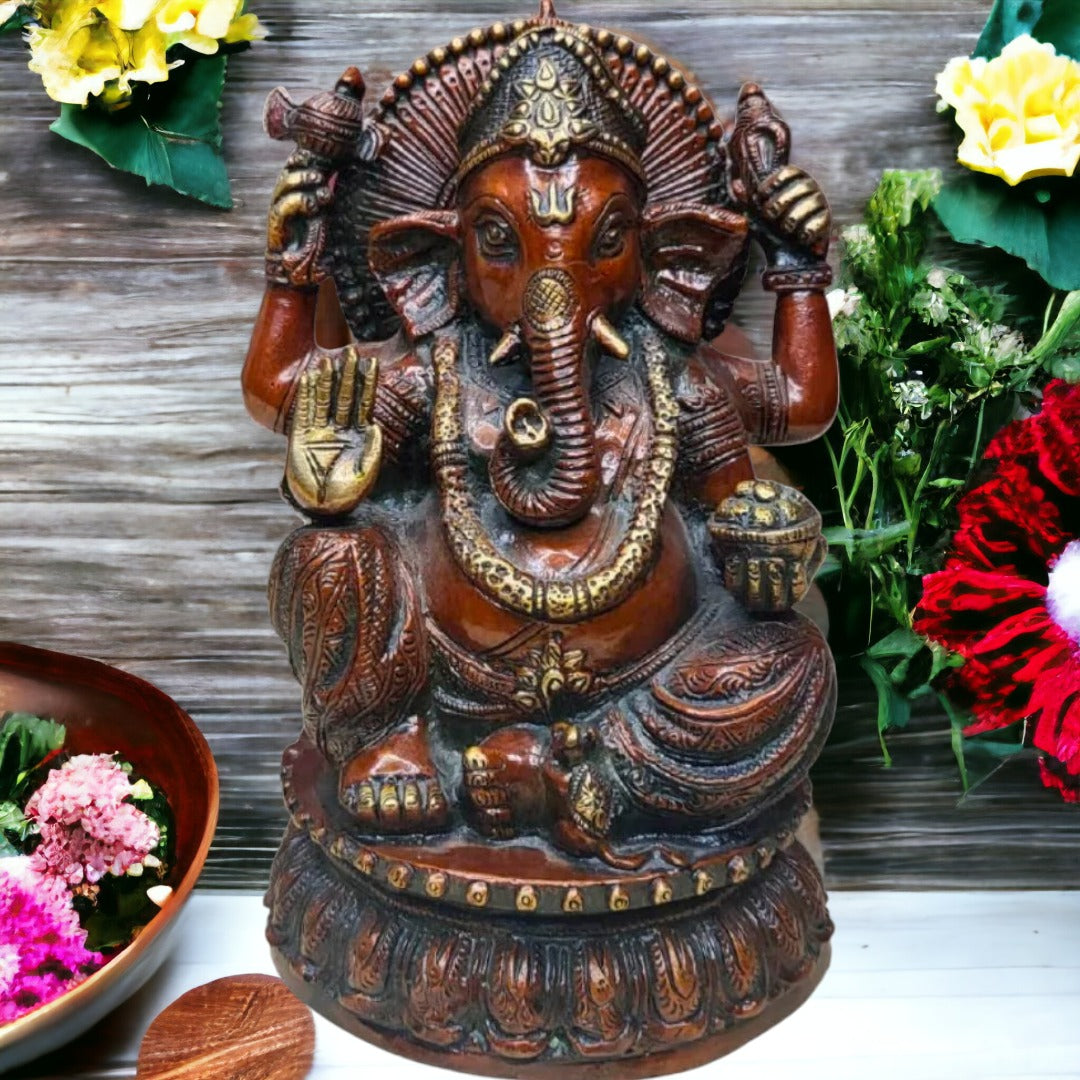 Tamas Brass Handcrafted Lord Ganesha Statue / Idol with Antique Finish (5.5 x 5.5 x 9 Inches, Golden & Brown) (Pack of 1)