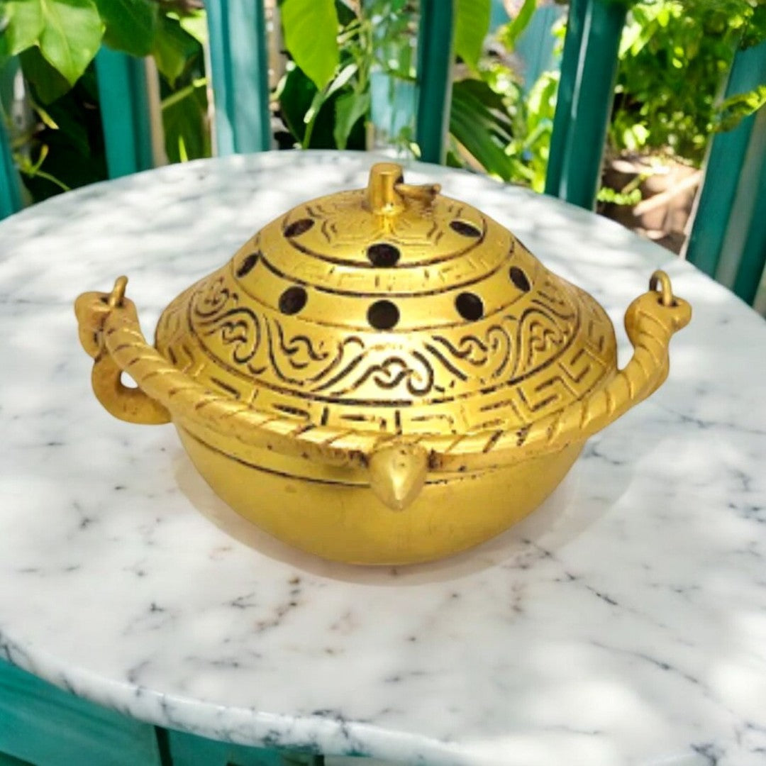 Tamas Brass Small Dhoop Burner with Handle and Lid  (Golden) Height 2.5 inches | Free Luxury Gift Box