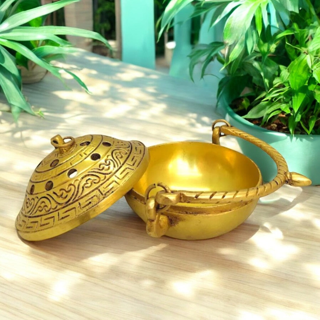 Tamas Brass Small Dhoop Burner with Handle and Lid  (Golden) Height 2.5 inches | Free Luxury Gift Box