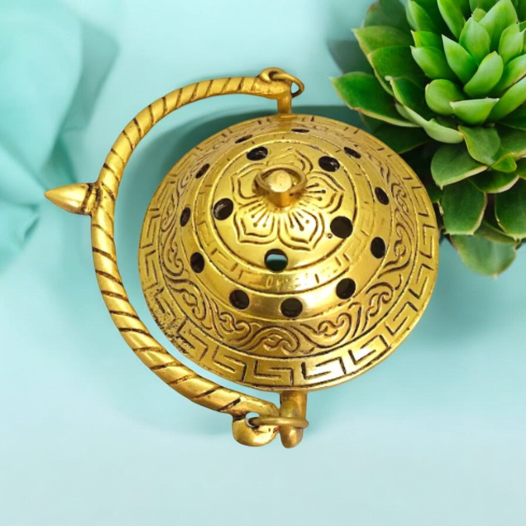 Tamas Brass Small Dhoop Burner with Handle and Lid  (Golden) Height 2.5 inches | Free Luxury Gift Box