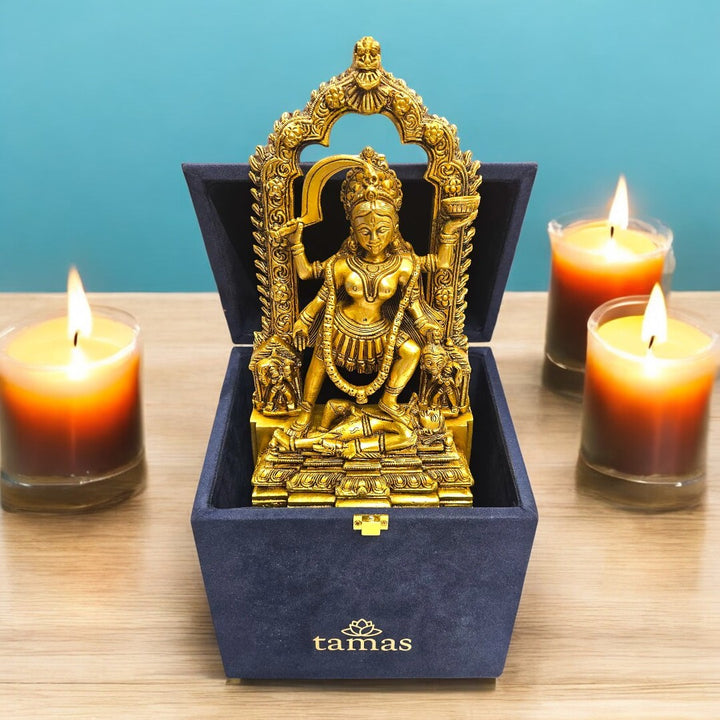 Tamas Brass Maa Kali - Maa Durga Deity - Devi Jagdamba Statue/Idol (Golden) (11 Inches)| Free Luxury Gift box