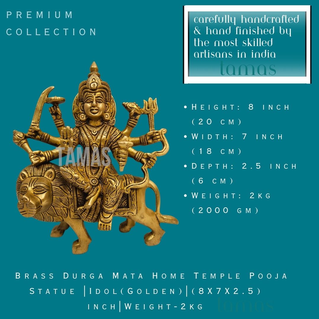 Brass Durga Mata Home Temple Pooja Statue |Idol (Golden)| (8X7X2.5) inch|Weight-2kg