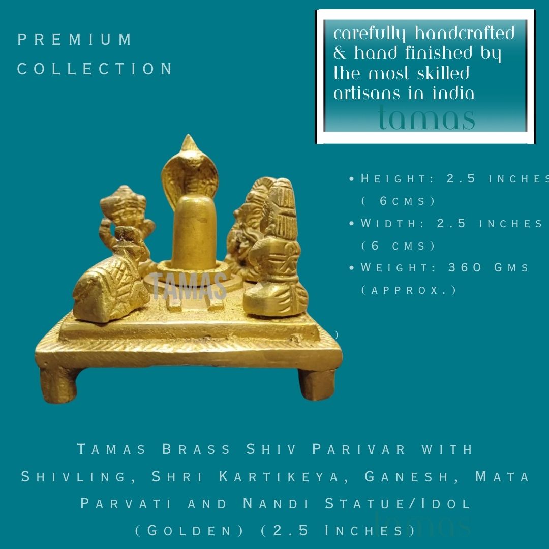 Tamas Brass Shiv Parivar with Shivling, Shri Kartikeya, Ganesh, Mata Parvati and Nandi Statue/Idol (Golden) (2.5 Inches)