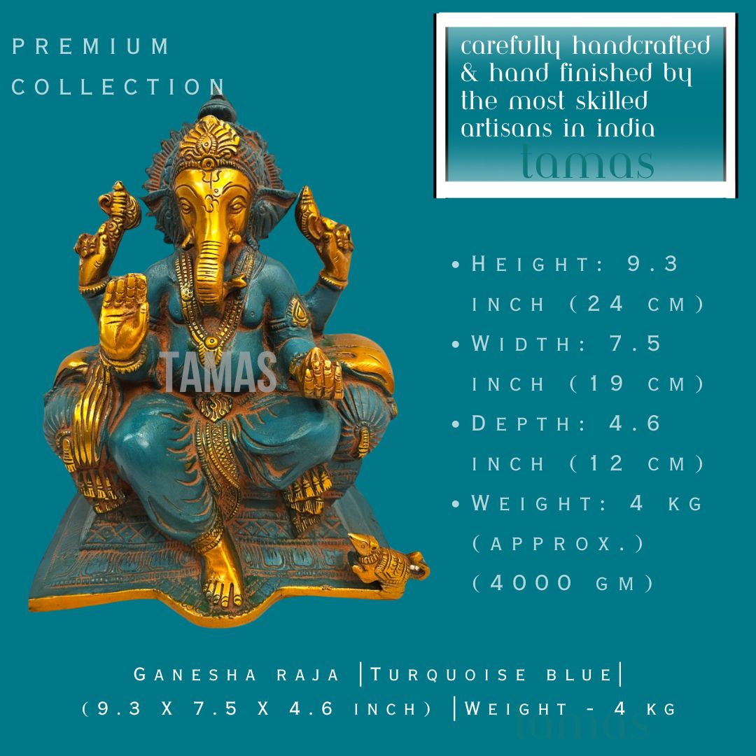 Brass Ganesha raja |Turquoise blue | (9.3 X 7.5 X 4.6 inch) |Weight - 4 kg