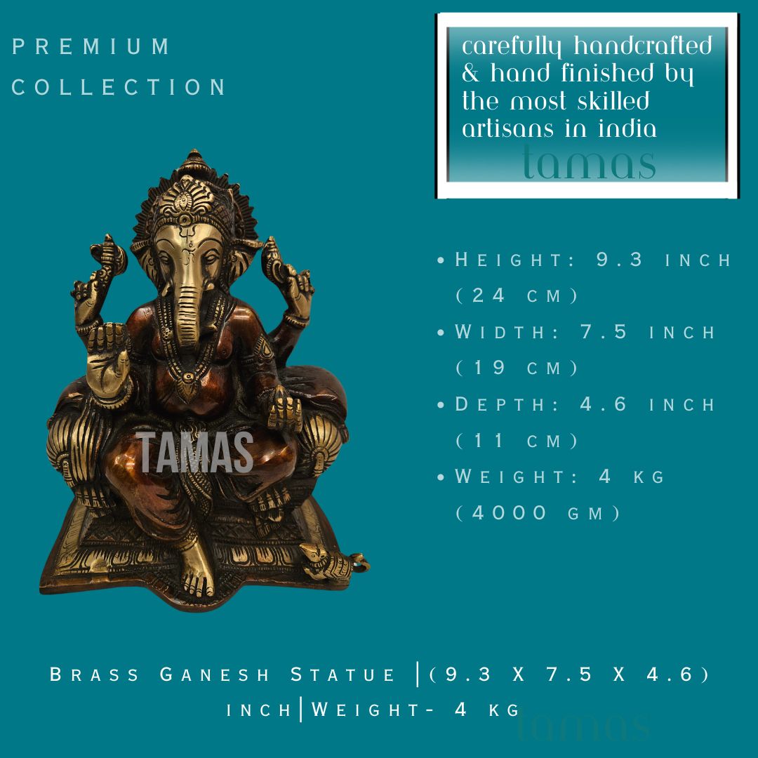 Brass Ganesh Statue |(23.62 X 19.05 X 11.68 ) cm |Weight- 4 kg