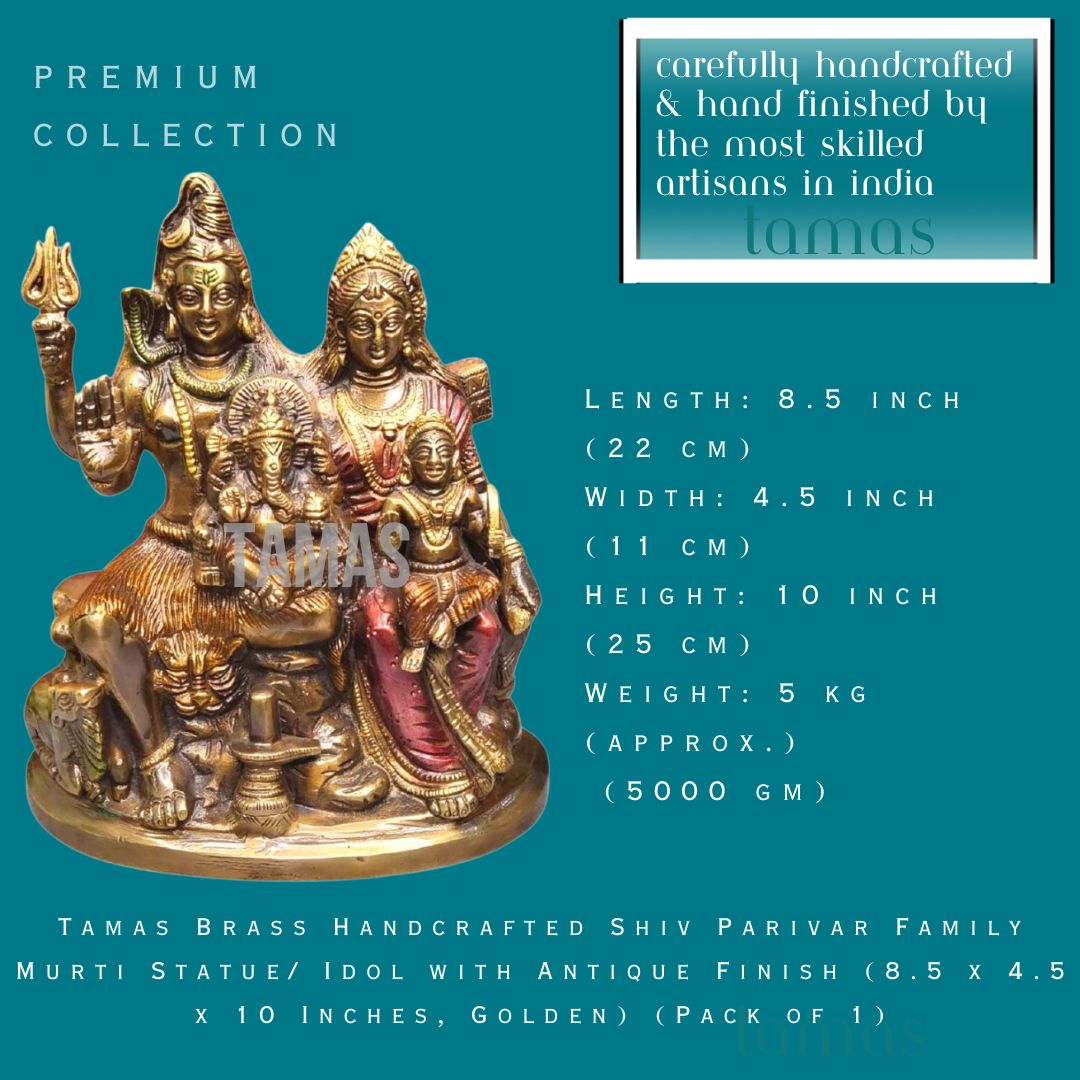 Tamas Brass Handcrafted Shiv Parivar Family Murti Statue/ Idol with Antique Finish (8.5 x 4.5 x 10 Inches, Golden) (Pack of 1)