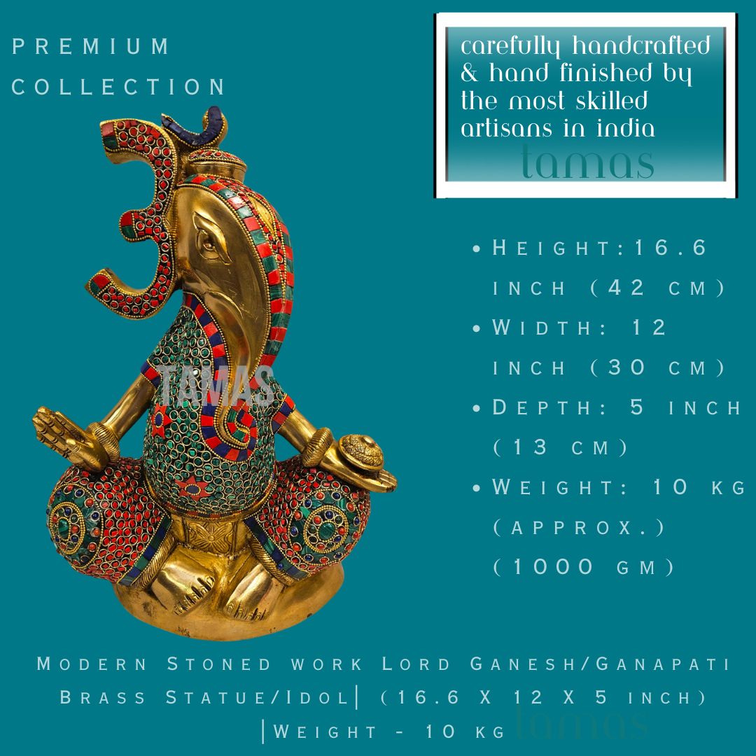 Modern Stoned work Lord Ganesh/Ganapati Brass Statue/Idol| (16.6 X 12 X 5 inch) |Weight - 10 kg