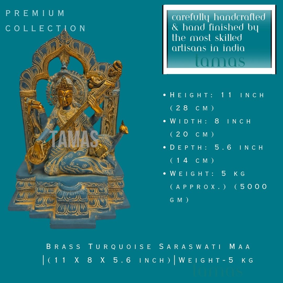 Brass Turquoise Saraswati Maa| (11 X 8 X 5.6 inch) |Weight-5 kg