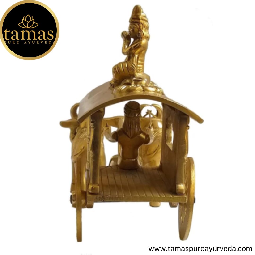 Tamas Brass Handcrafted Classic Room Decor Bullock cart with Krishna Statue / Idol with Antique Finish (7 x 4.5 x 7 Inches, Golden) (Pack of 1)