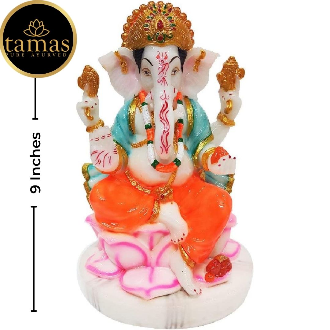 Tamas Marble Dust Gold Plated Lord Ganesha Statue (9 Inches, Multicolor)