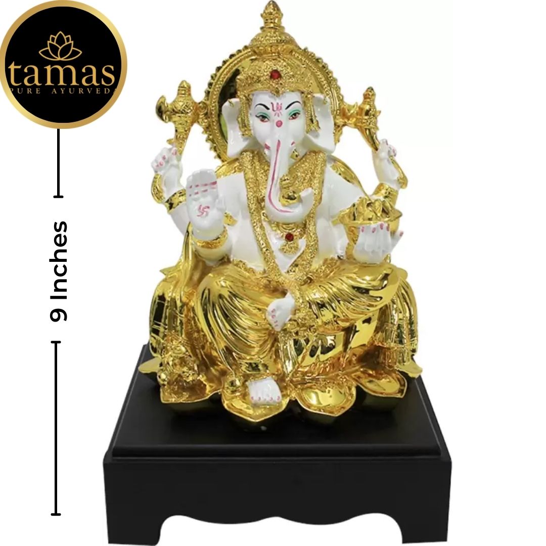 Tamas Poly Resin Gold Plated Lord Ganesh Ganpati Statue (9 Inches, White & Gold)