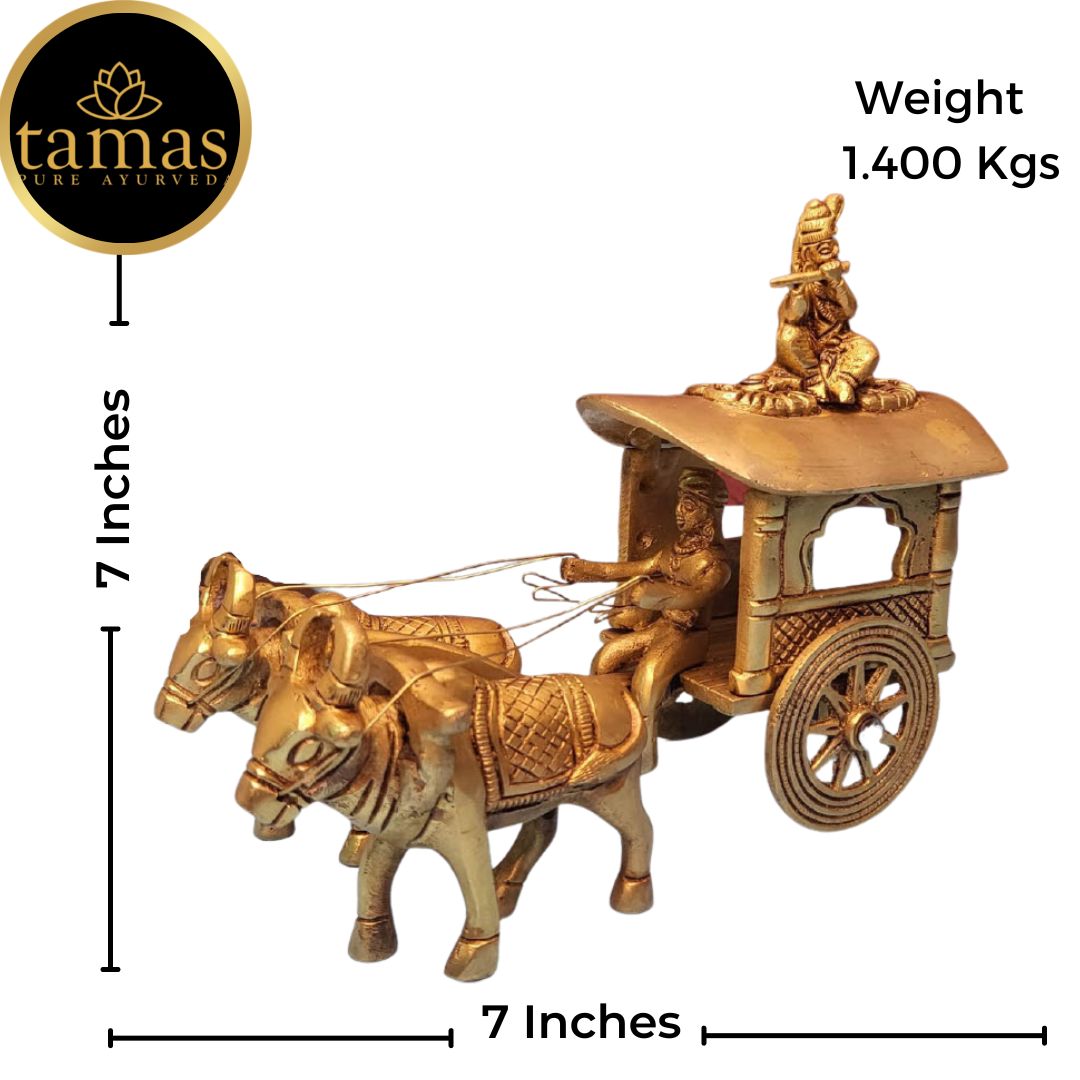 Tamas Brass Handcrafted Classic Room Decor Bullock cart with Krishna Statue / Idol with Antique Finish (7 x 4.5 x 7 Inches, Golden) (Pack of 1)